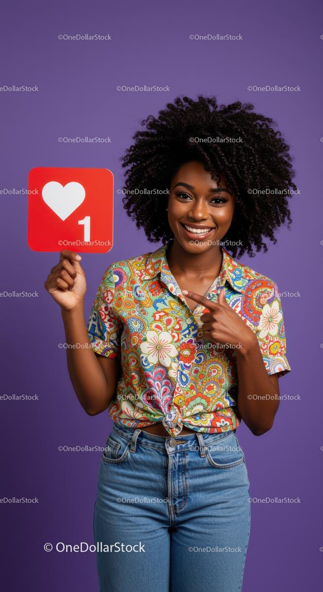 Smiling Woman Holding Heart Sign with Colorful Shirt Against Purple Background Stock Photo Bundle preview 27