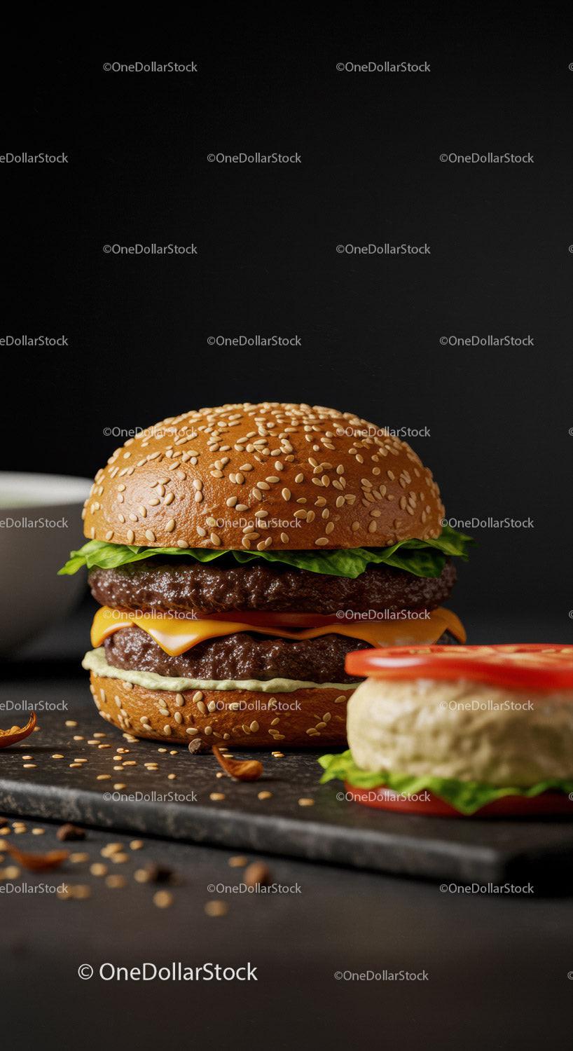 Delicious double cheeseburger with fresh vegetables