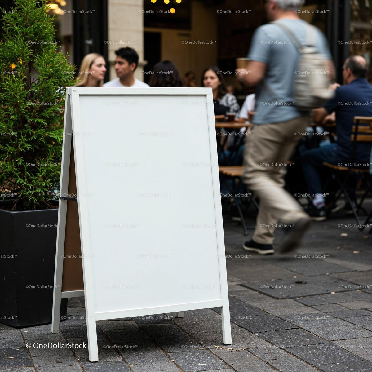 Blank White Sidewalk Sign Outside Busy Café JPG Mockup Image preview