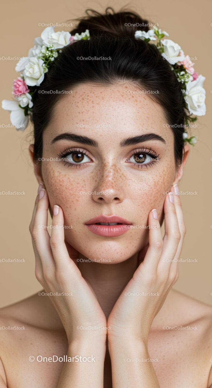 Freckled Woman with Floral Headband Portrait for Beauty and Fashion