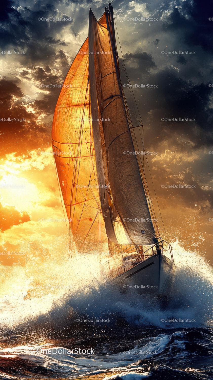 sailboat with orange illuminated sail cutting through ocean waves under cloudy sky