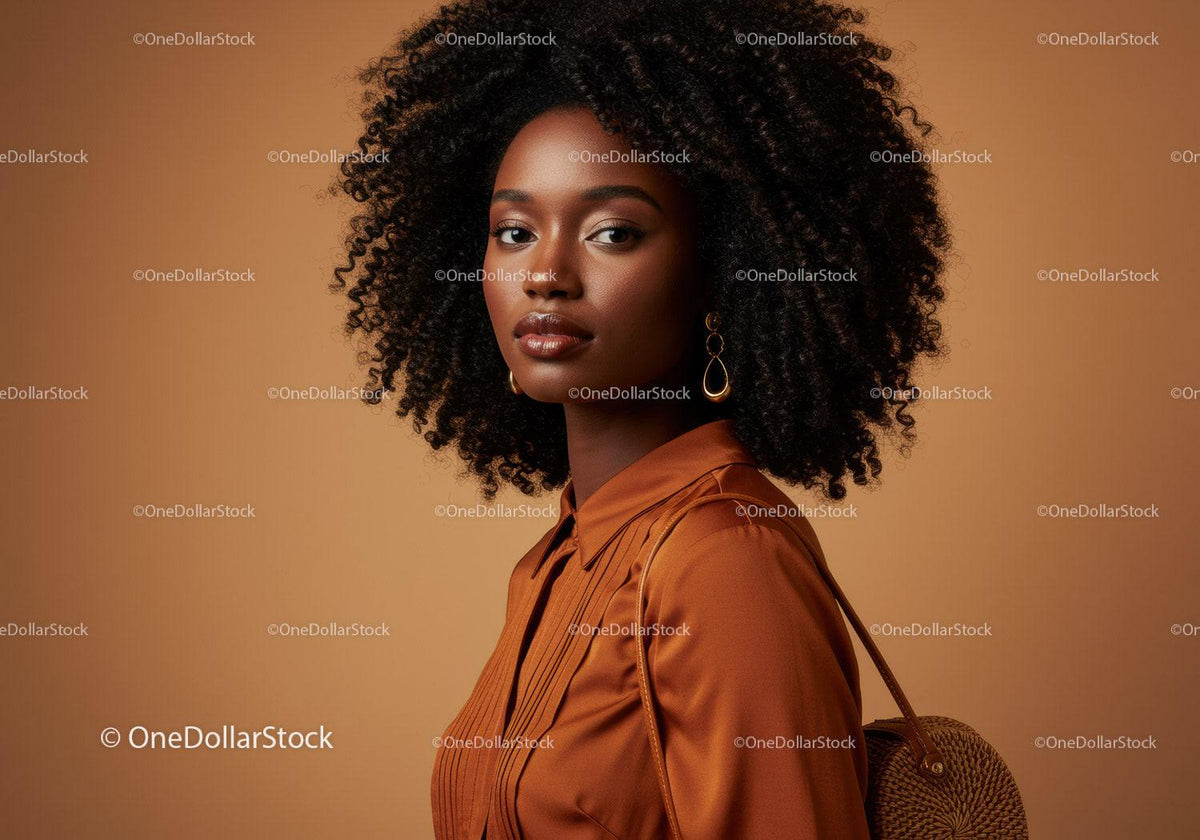 Elegant African American Woman with Curly Hair in Brown Shirt in Studio