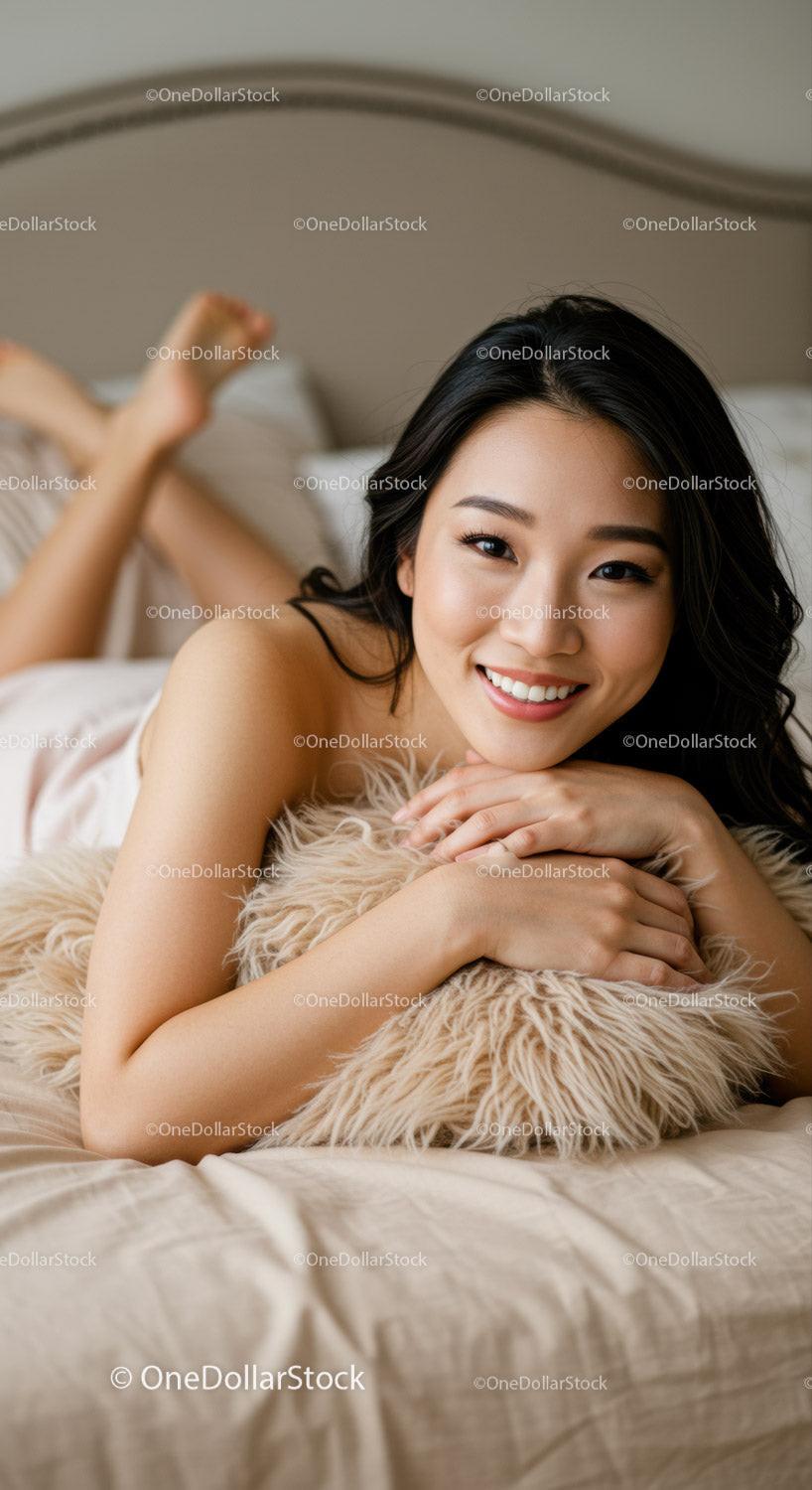 Relaxed young woman lying on bed with cozy pillow