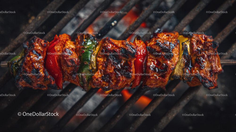 Juicy Grilled Meat Skewers with Charred Edges on Open Flame Stock Photo Bundle preview 34