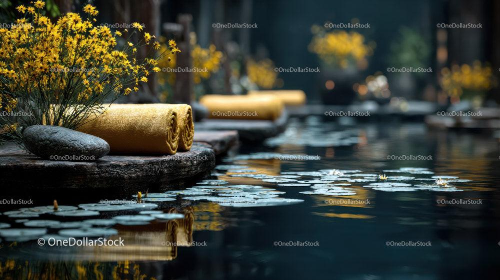 Beautiful Garden with Water Lilies and Yellow Towels by the Pond