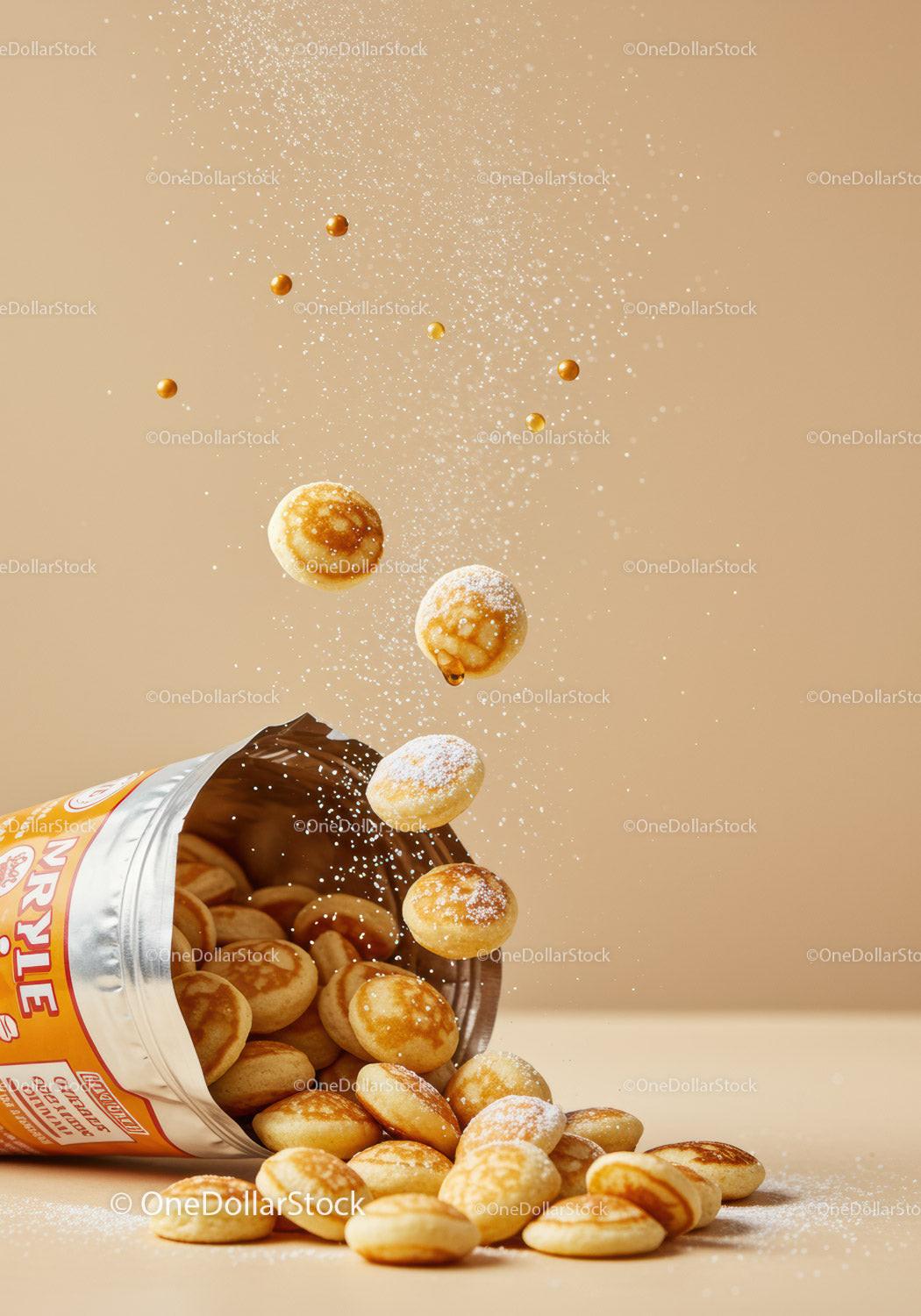 Mini Pancakes Falling from Open Snack Package