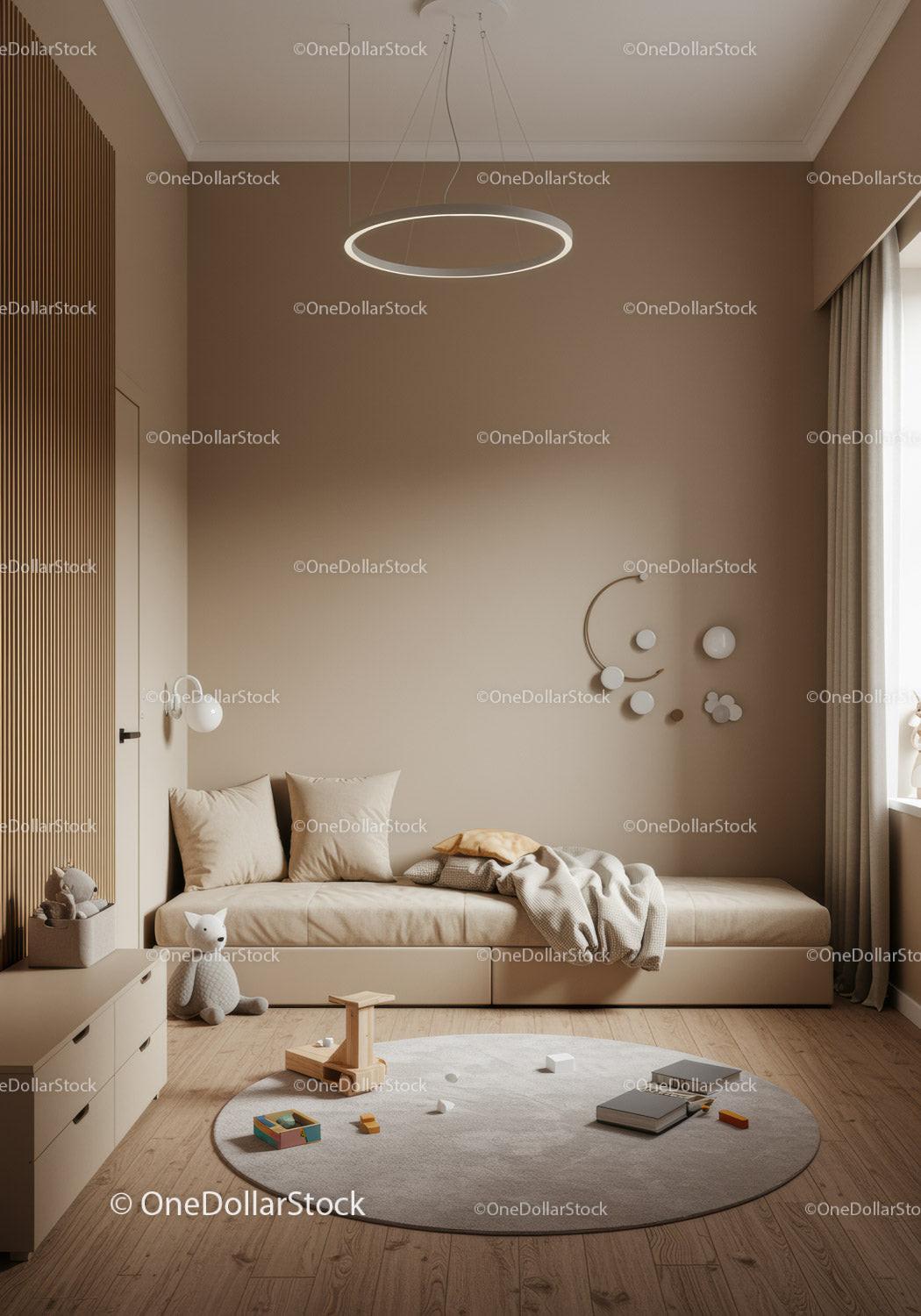 Elegant and Cozy Kids Bedroom with Neutral Tones and Playful Decor