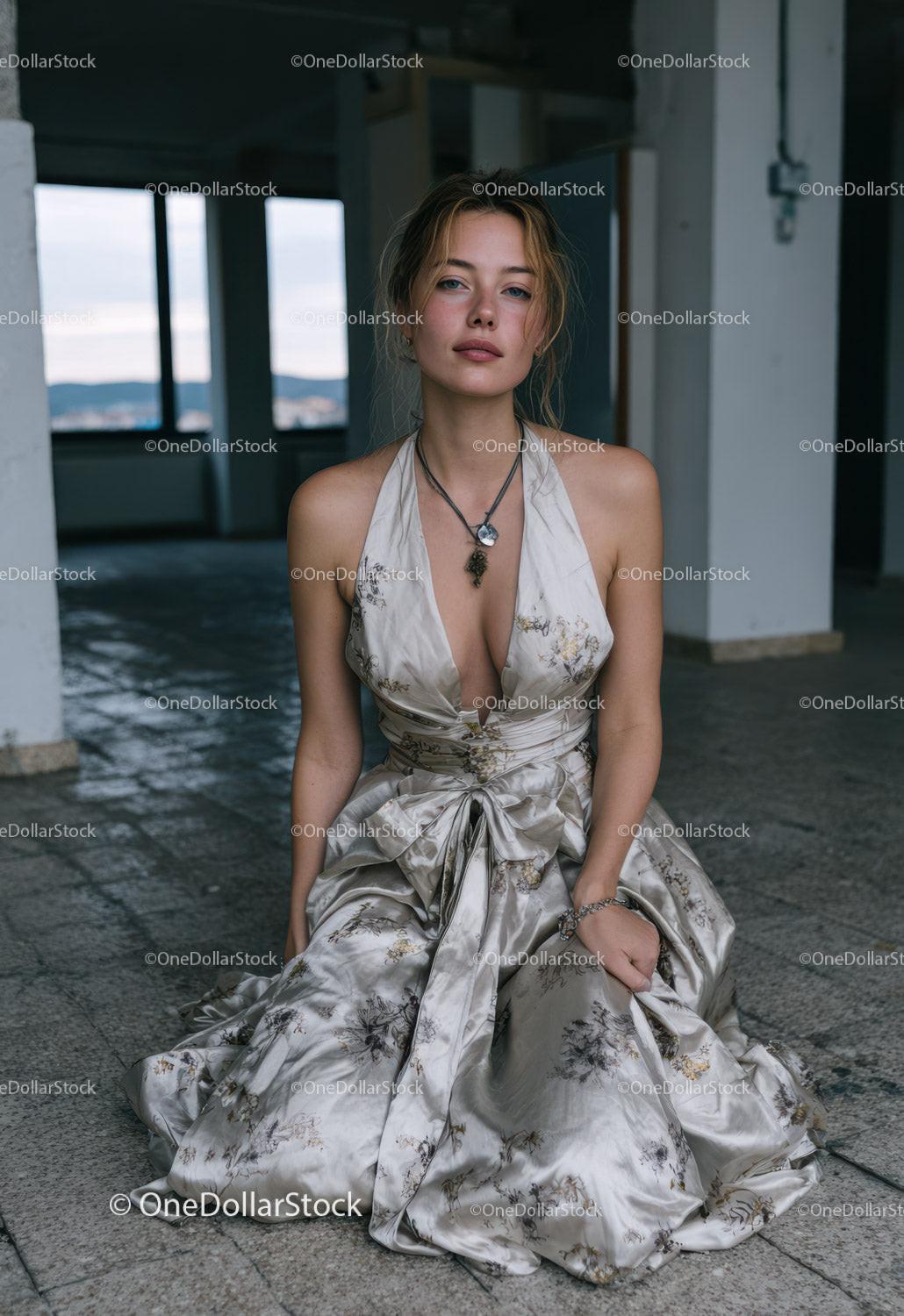 Elegant Young Woman in Floral Dress Sitting on Floor in Modern Interior