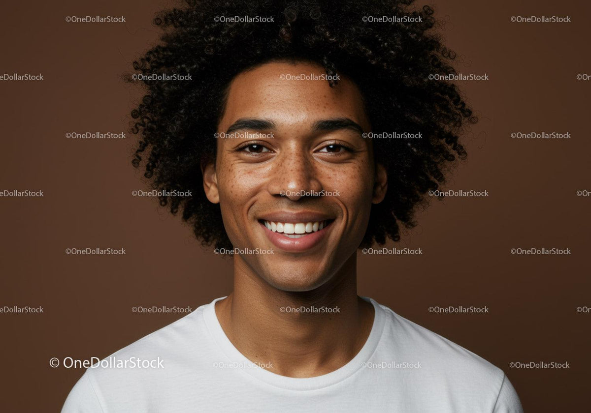 Close-Up of a Smiling Young Man with Curly Hair and Bright Expression