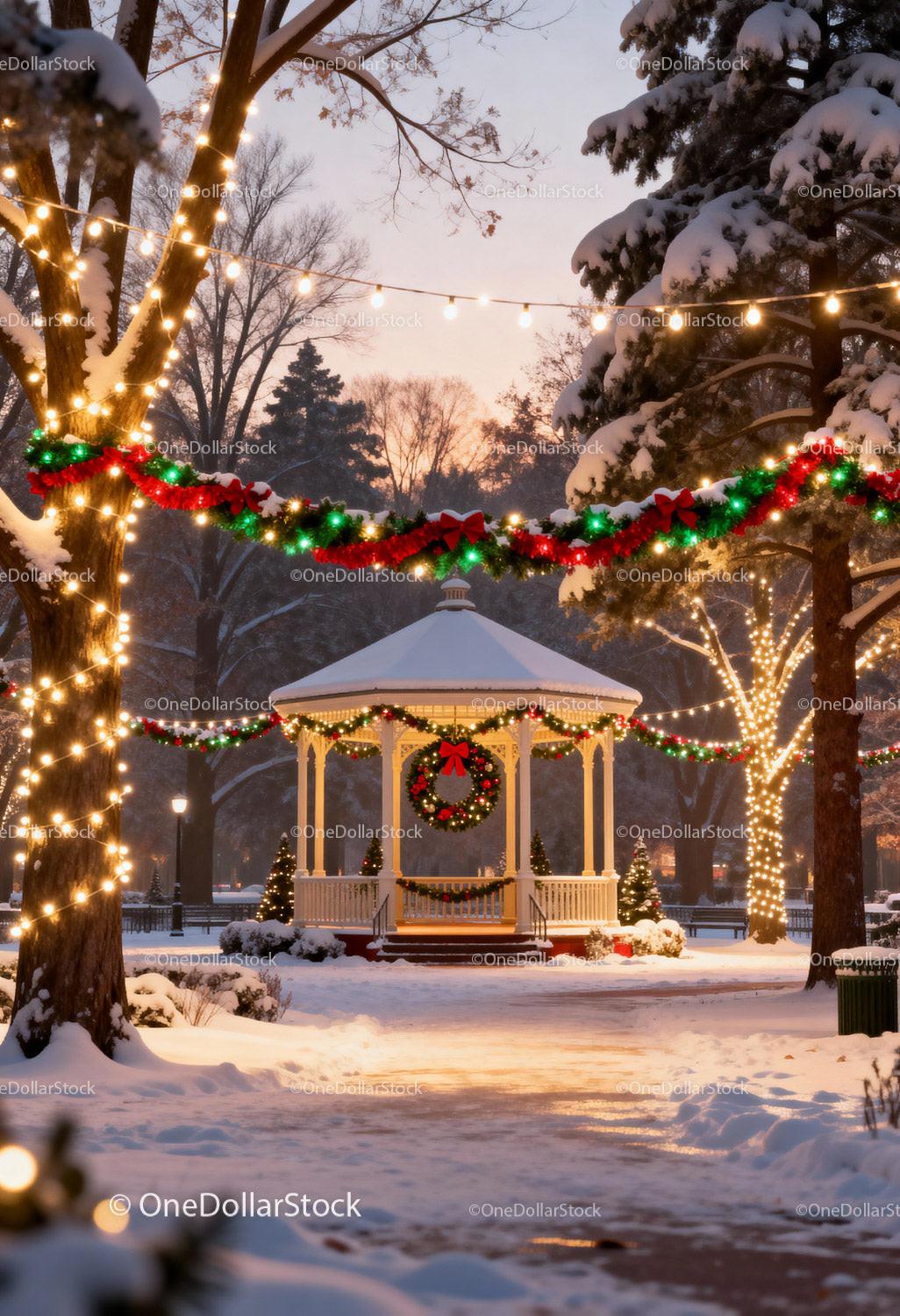 Winter Gazebo Decorated with Festive Christmas Lights