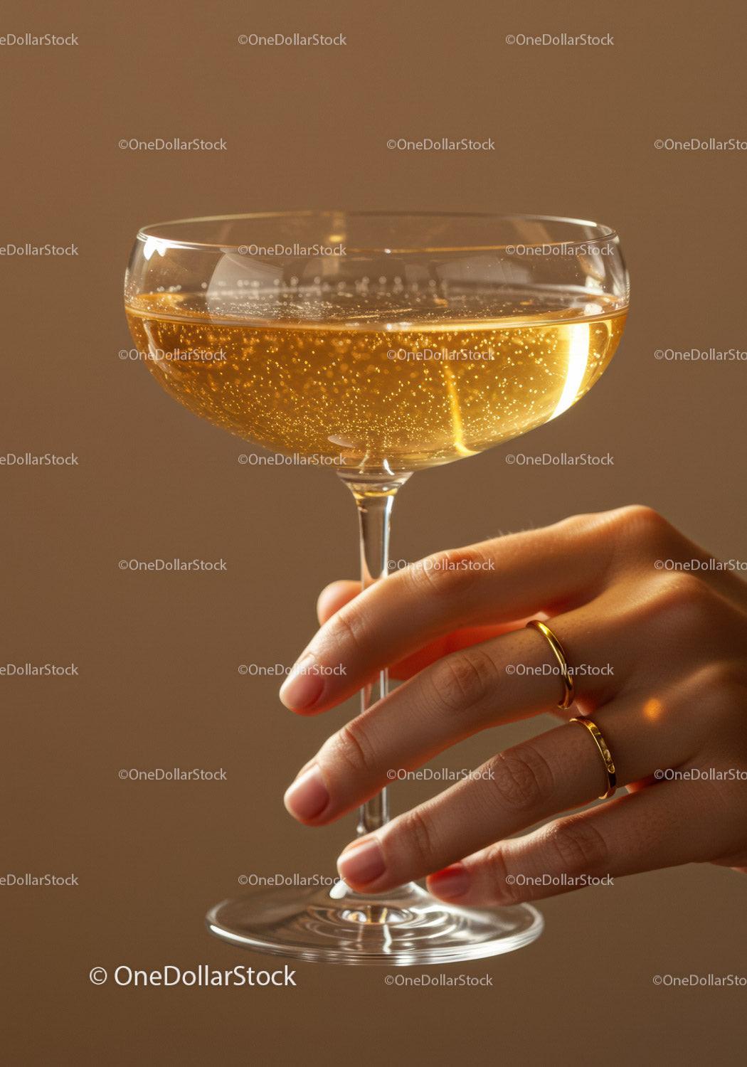 Hand Holding Elegant Champagne Coupe Glass with Bubbles