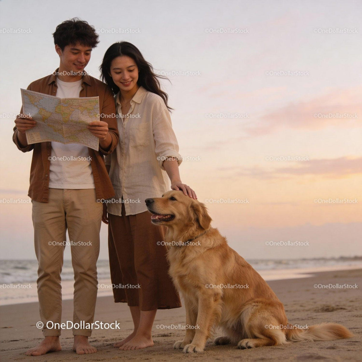 Couple Exploring Beach with Golden Retriever at Sunset