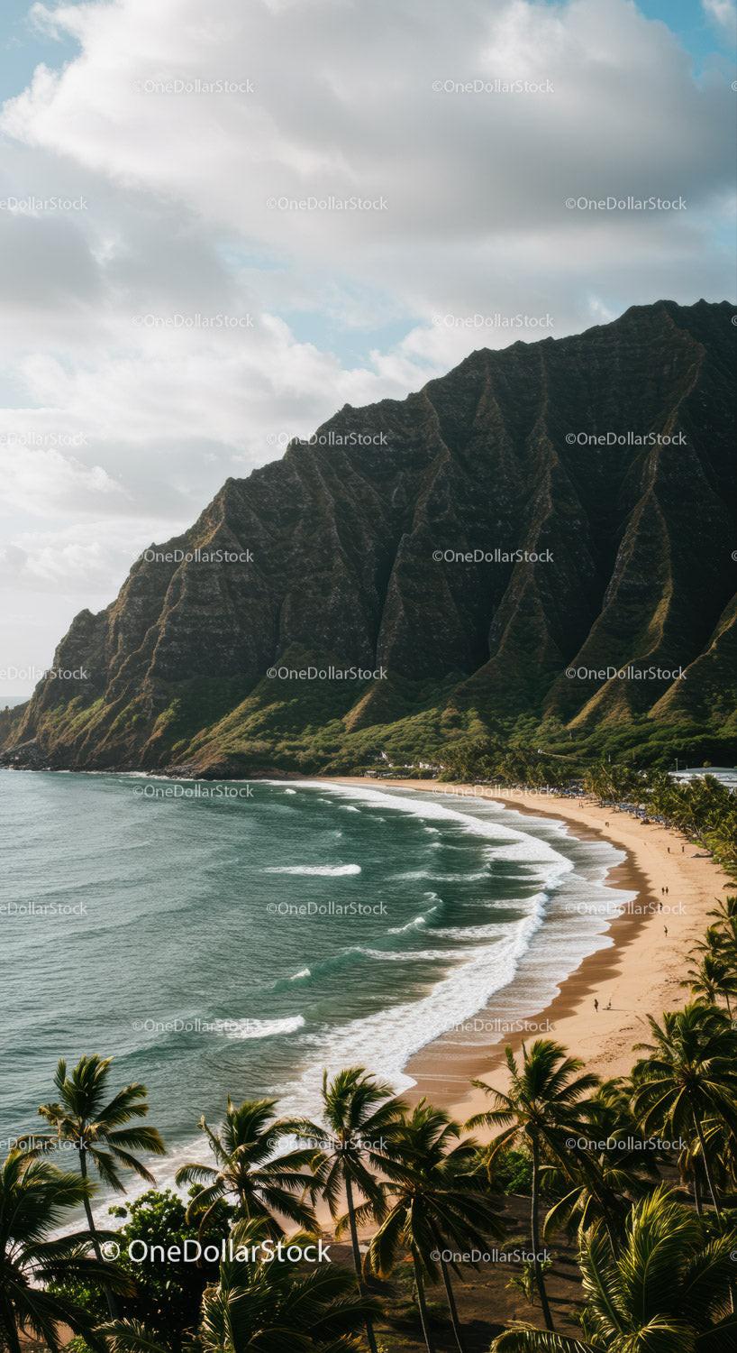 Tropical Beach with Palm Trees and Mountain Cliffs Scenic Landscape