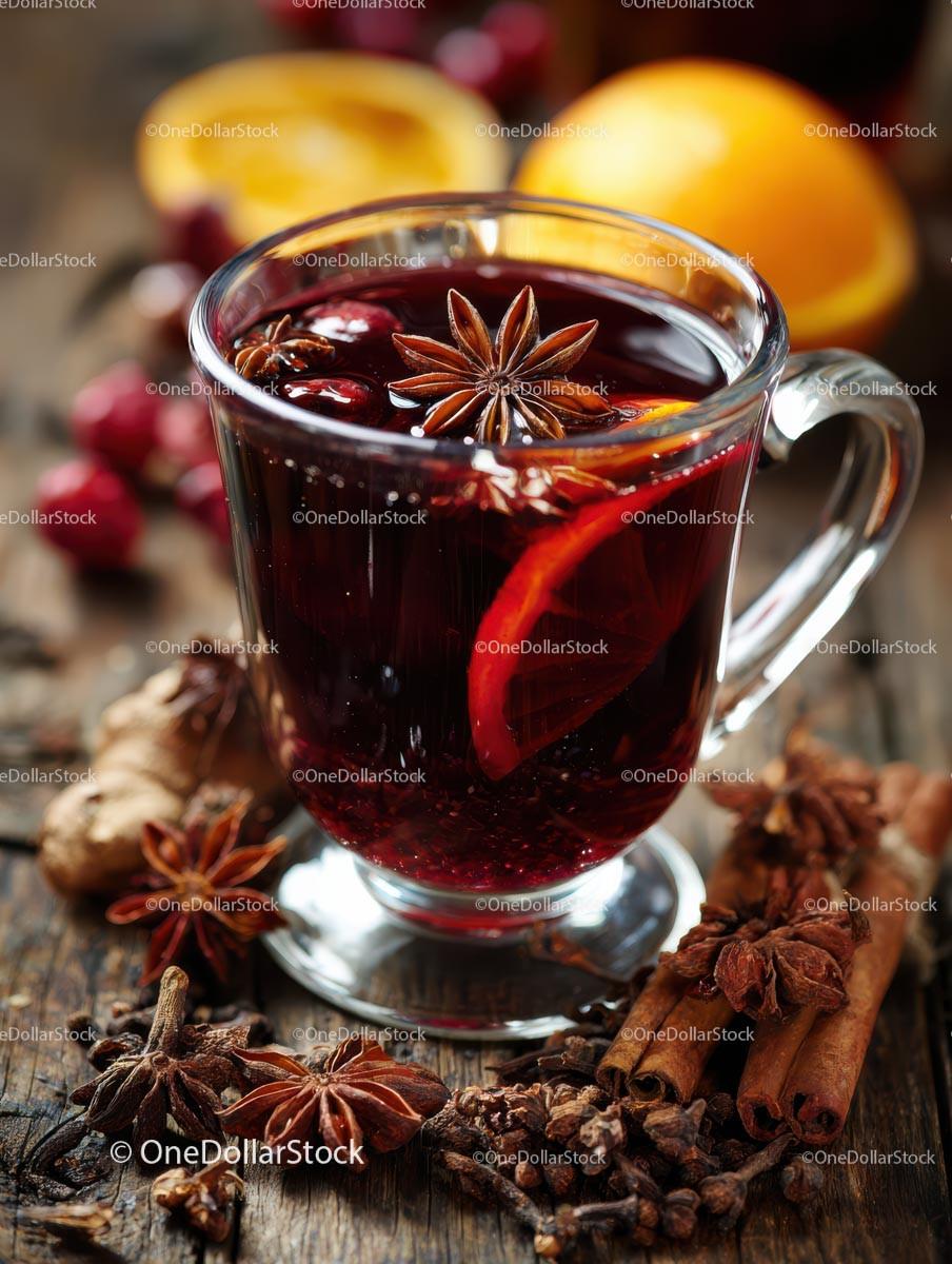 Delicious Mulled Wine with Citrus and Spices in a Glass Mug Stock Photo Bundle preview 11