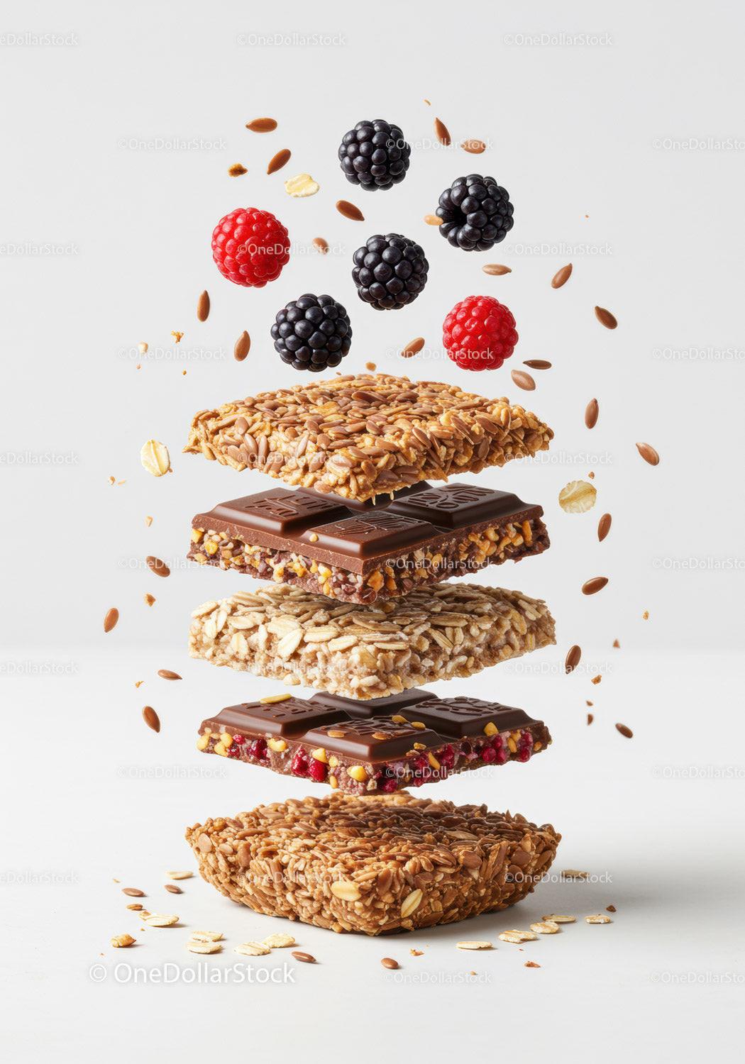 Layered granola bars with chocolate and fresh berries