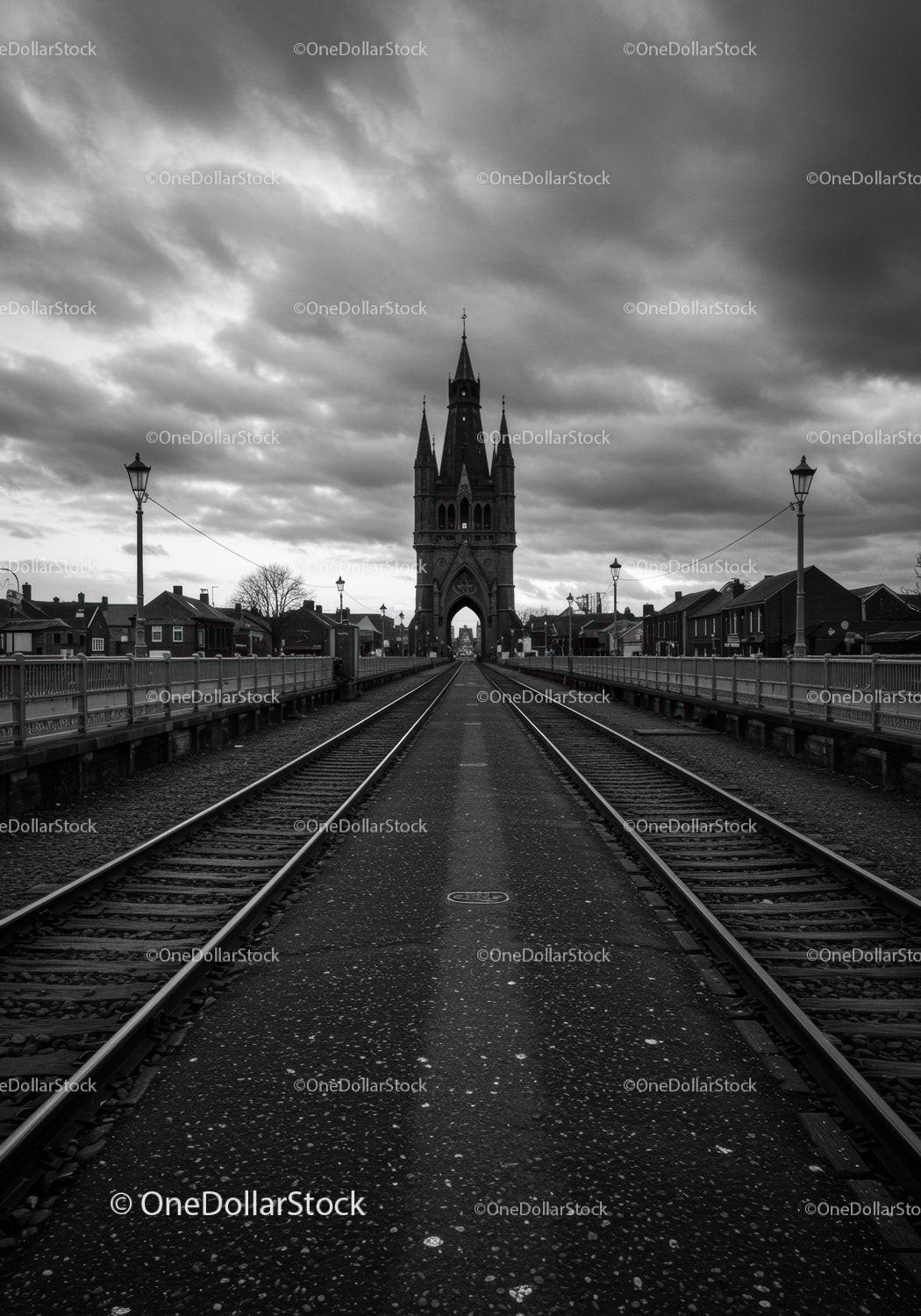 Historic Gothic tower framed by rail tracks and cloudy sky