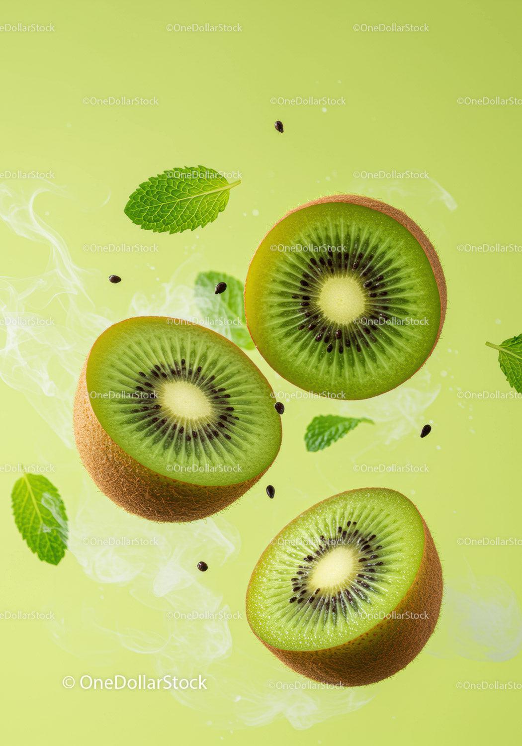 Fresh Kiwi Halves with Floating Mint Leaves