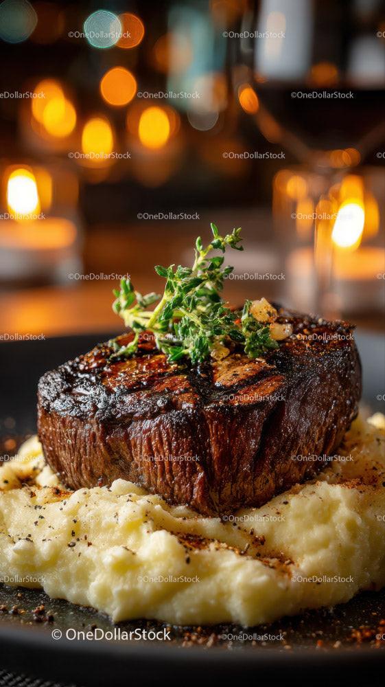 Juicy Steak with Mashed Potatoes and Herb Garnish in Elegant Restaurant Stock Photo Bundle preview 9