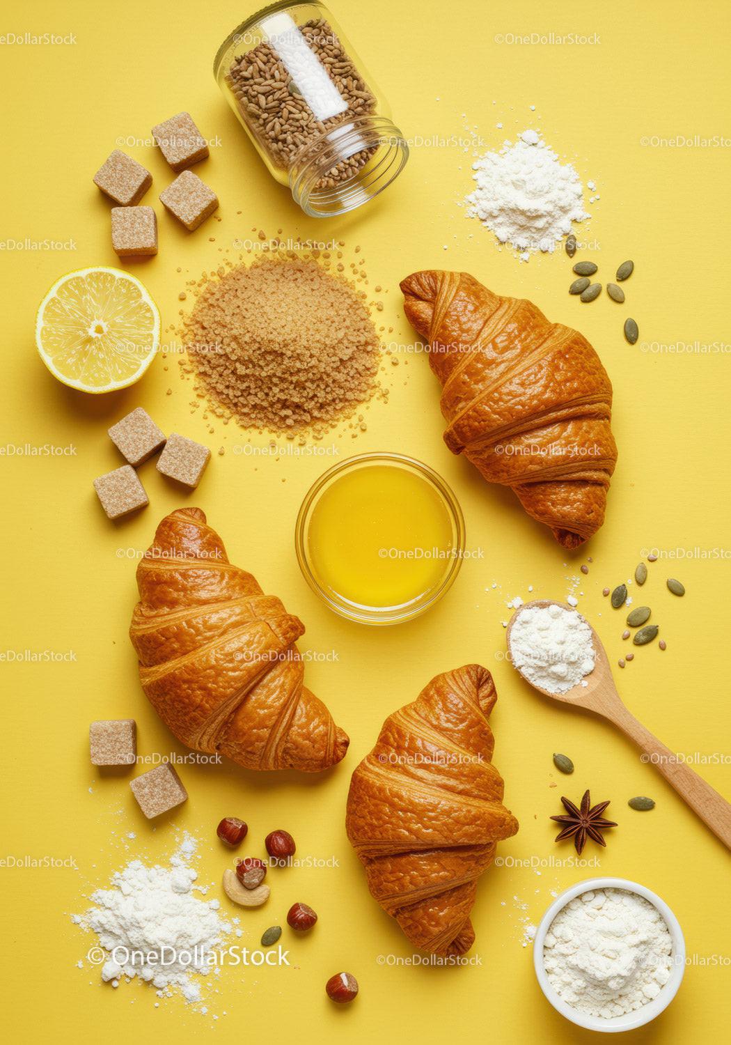 Fresh croissants with ingredients on bright yellow background