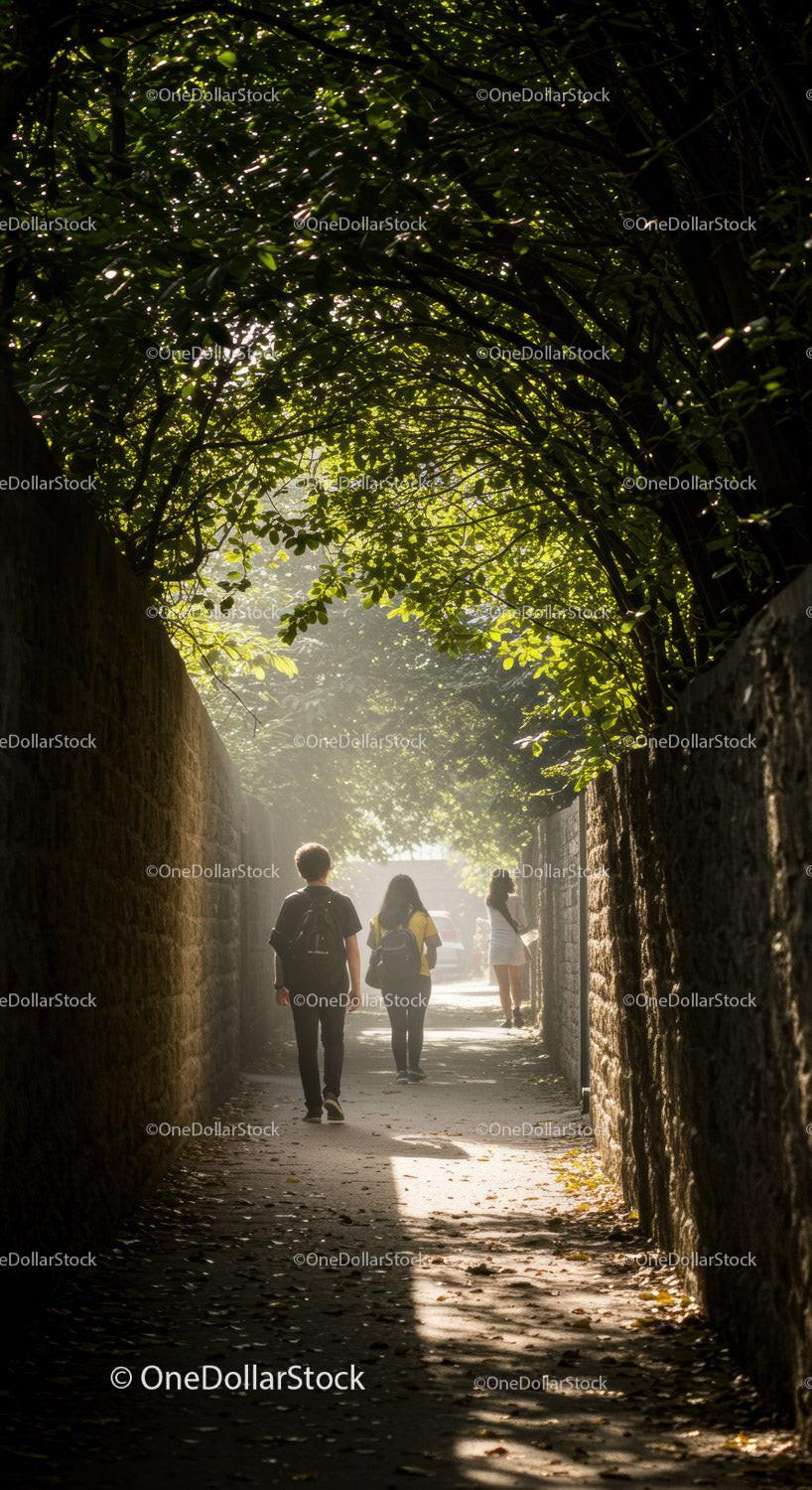 People walking through a sunlit tree-covered pathway