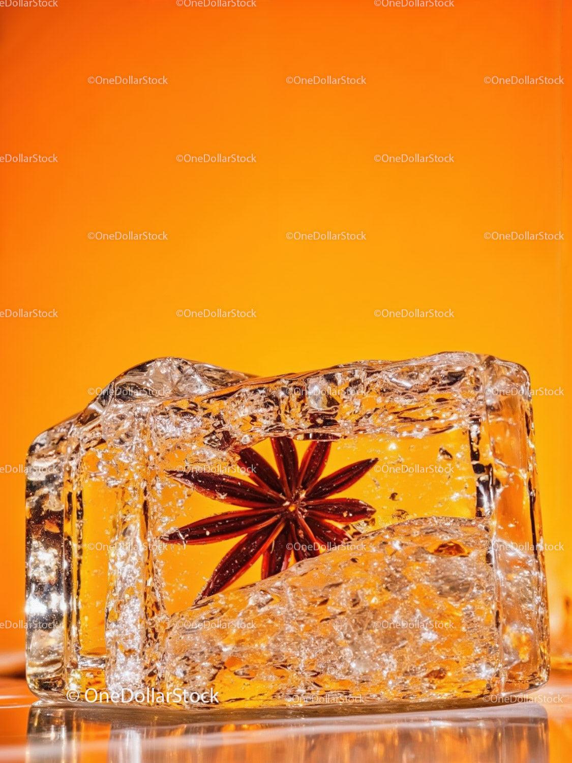 Star Anise Frozen Inside Clear Ice Cube on Orange