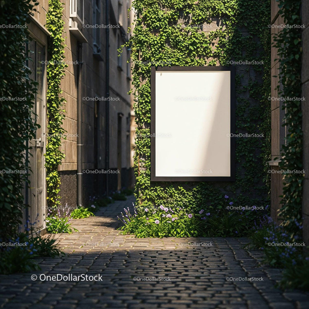 Blank poster on ivy-covered wall in urban alleyway JPG Mockup Image preview