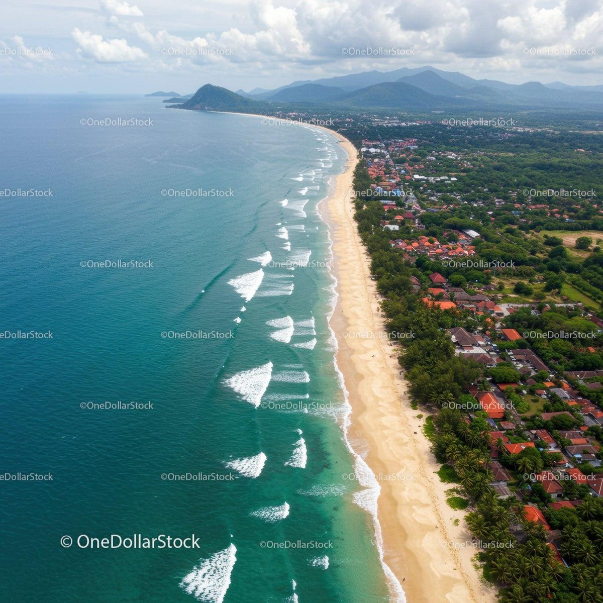 Tropical Beach with Ocean Waves and Mountainous Background