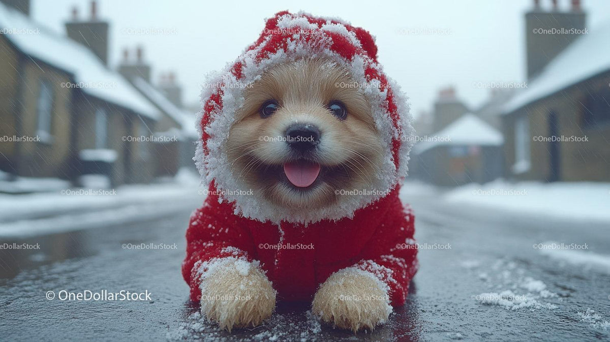 Small fluffy dog in red winter coat lying on snowy wet pavement outdoors