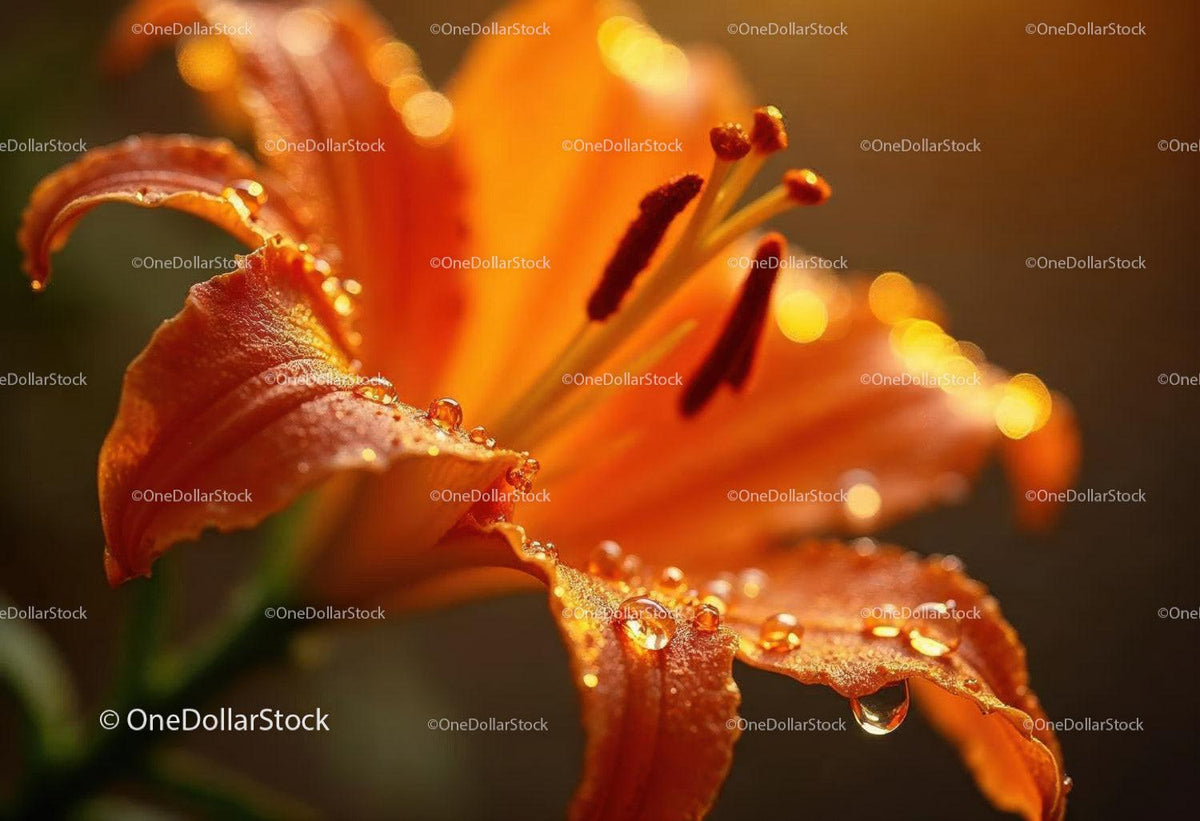Vivid Orange Lily with Dew Drops in Macro Close-Up