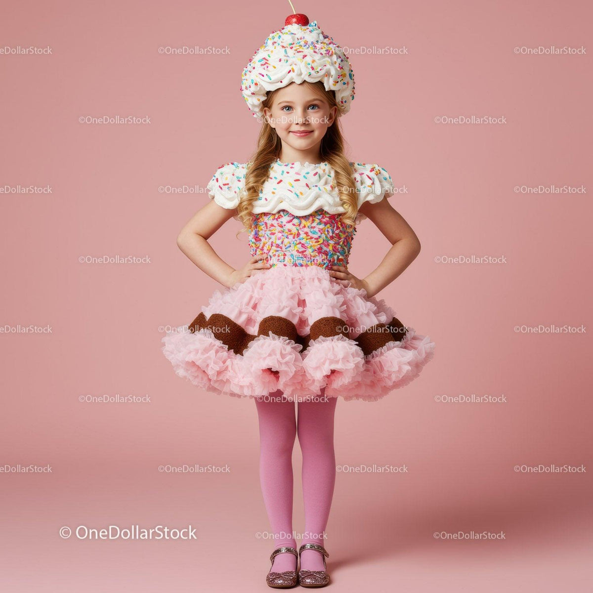 Little girl dressed as colorful cupcake costume