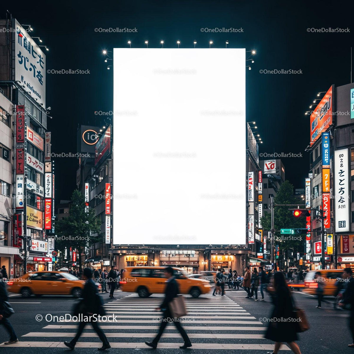 Nighttime city crosswalk with busy urban billboard JPG Mockup Image preview