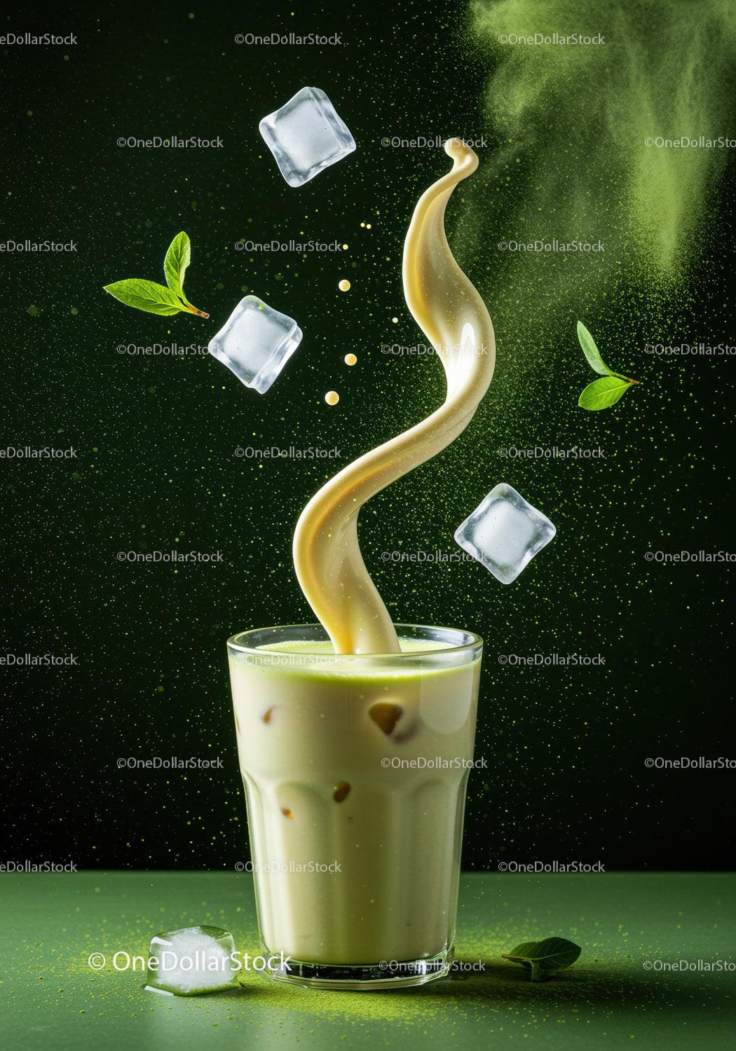 Iced matcha latte with splash and fresh mint leaves