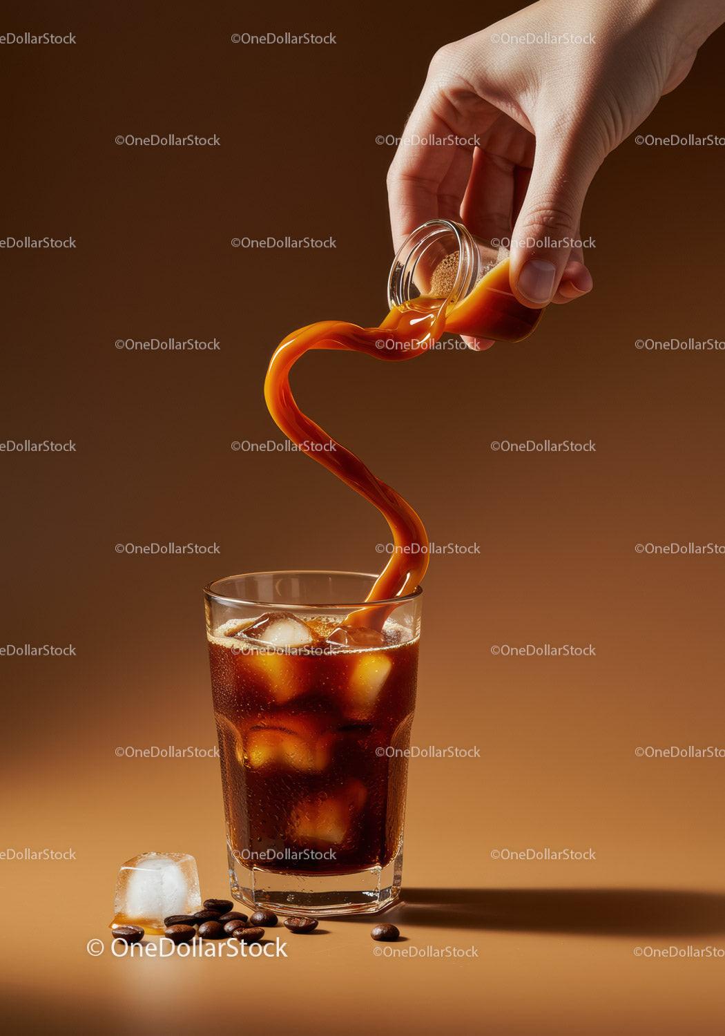 Pouring Cream into Iced Coffee with Coffee Beans