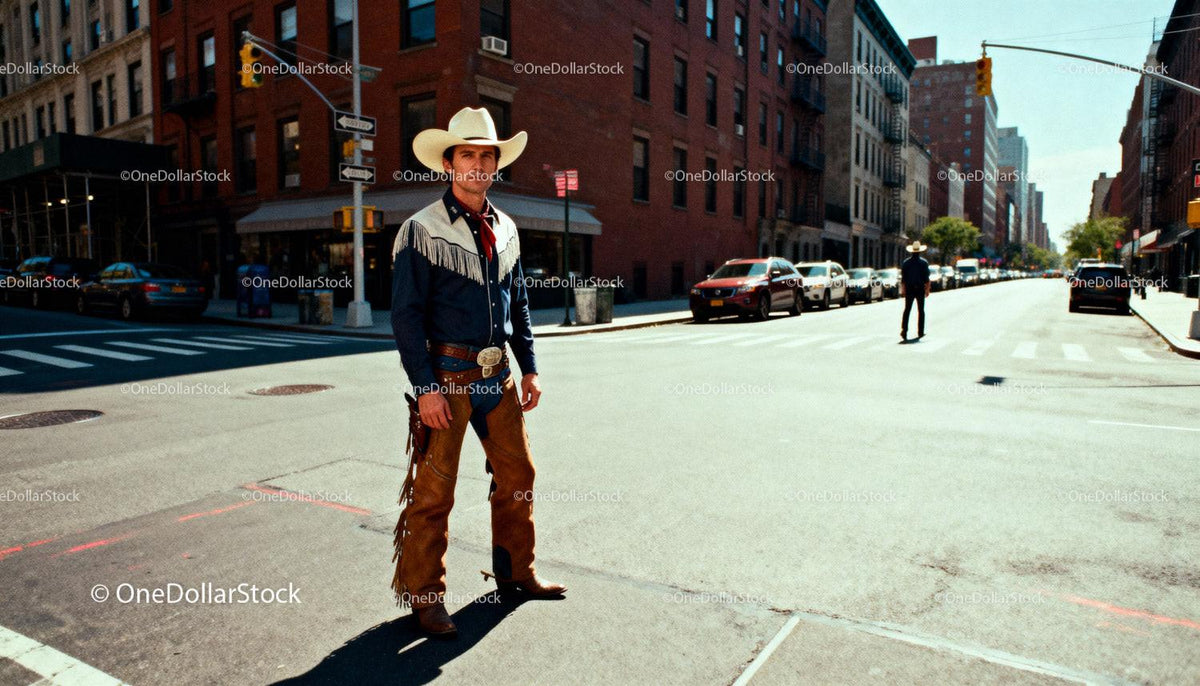 Man in Traditional Cowboy Outfit Standing on City Street