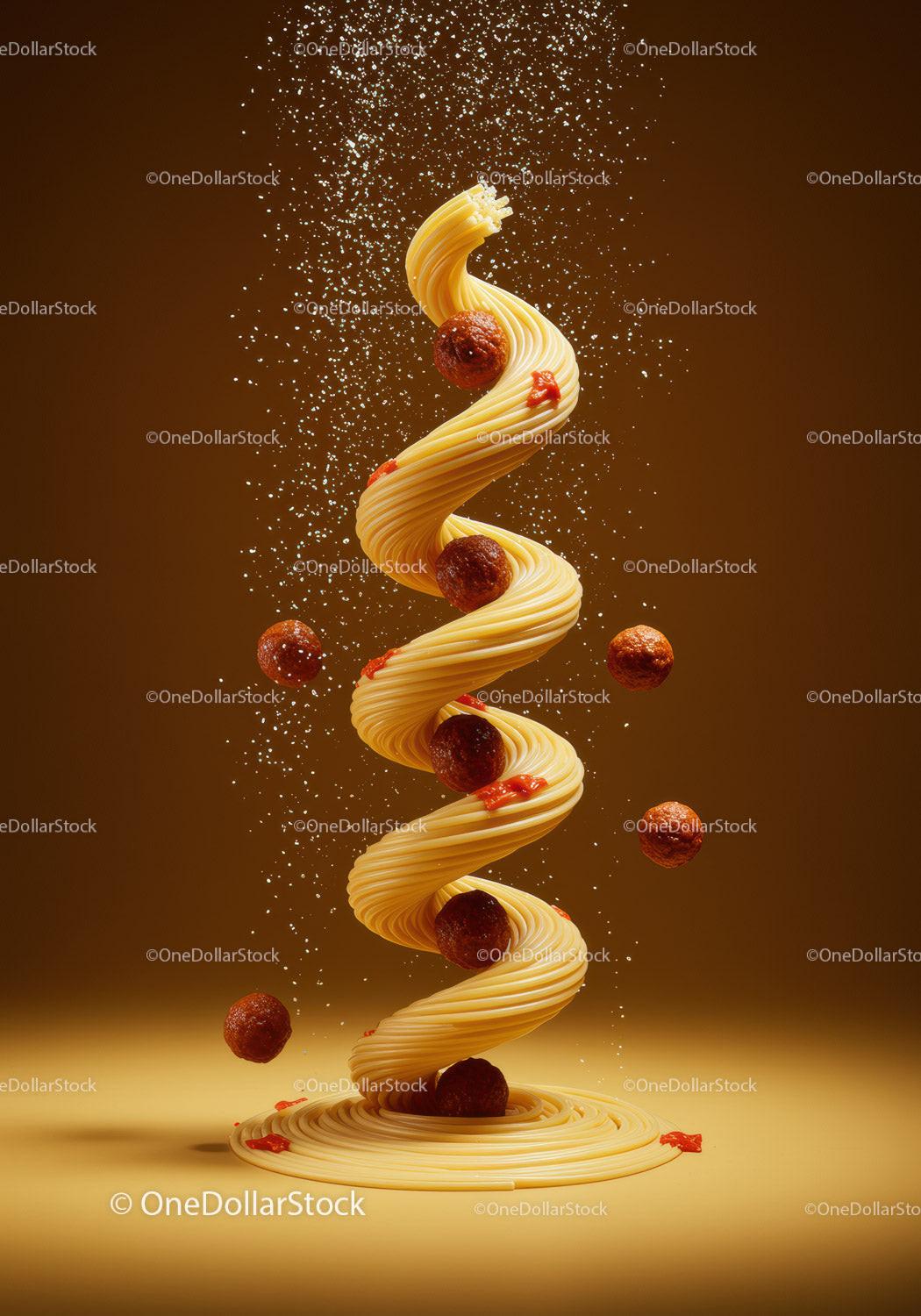 Spiral of spaghetti with meatballs and tomato sauce