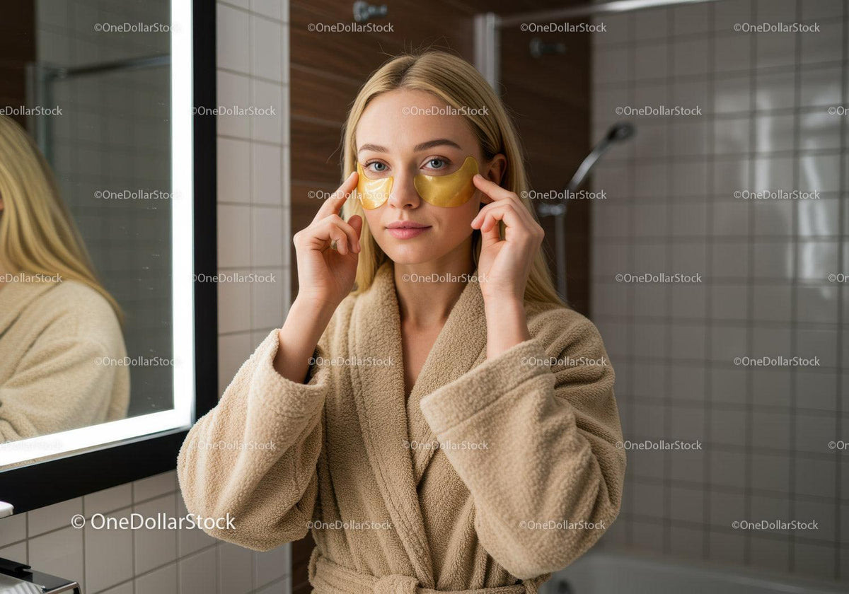 Elegant Young Woman Applying Gold Eye Patches in Spa Setting