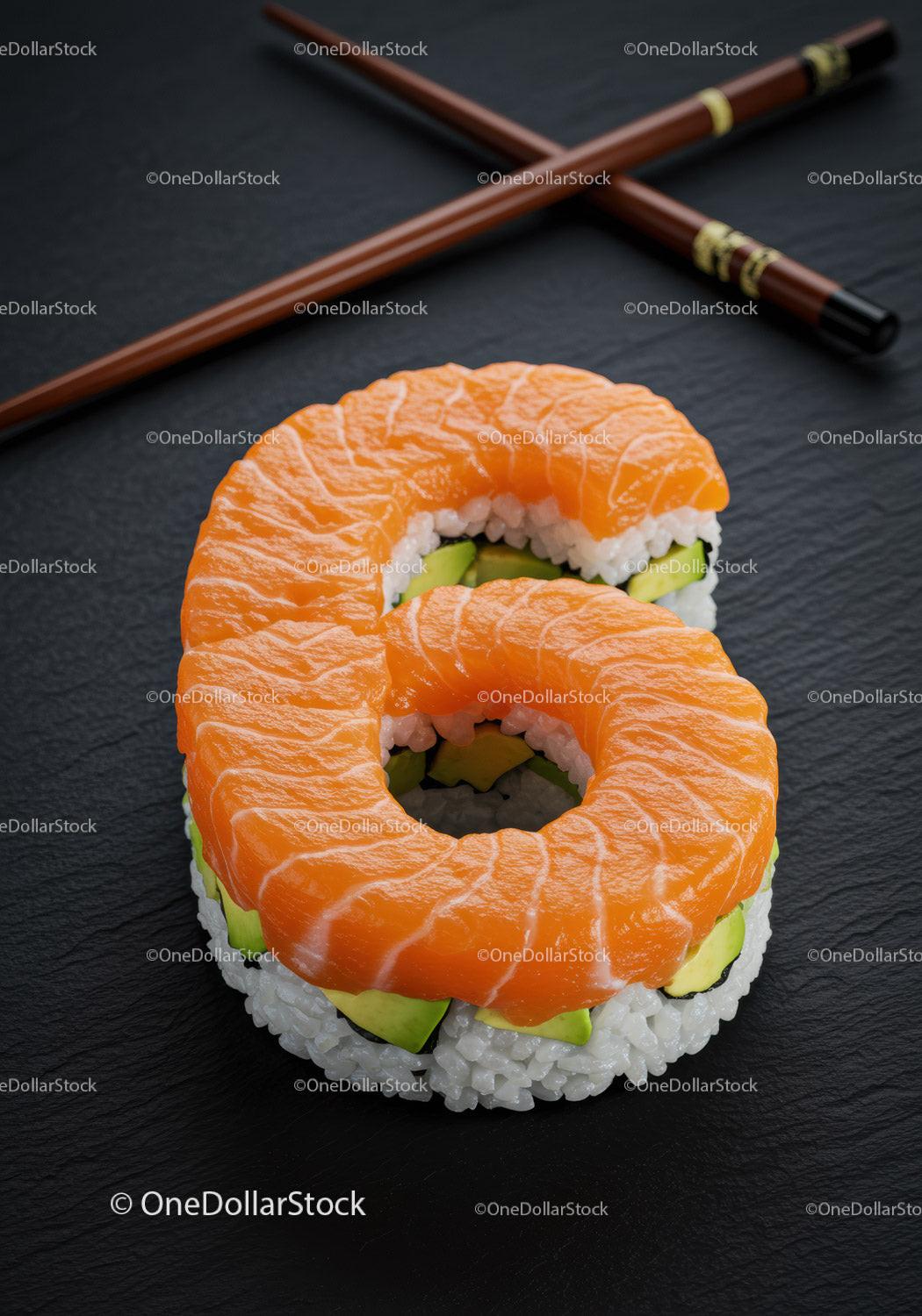 Number Six Shaped Salmon Avocado Sushi Roll
