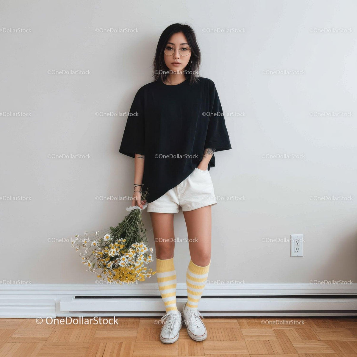 Young Woman in Casual Outfit with Yellow and White Socks Indoors