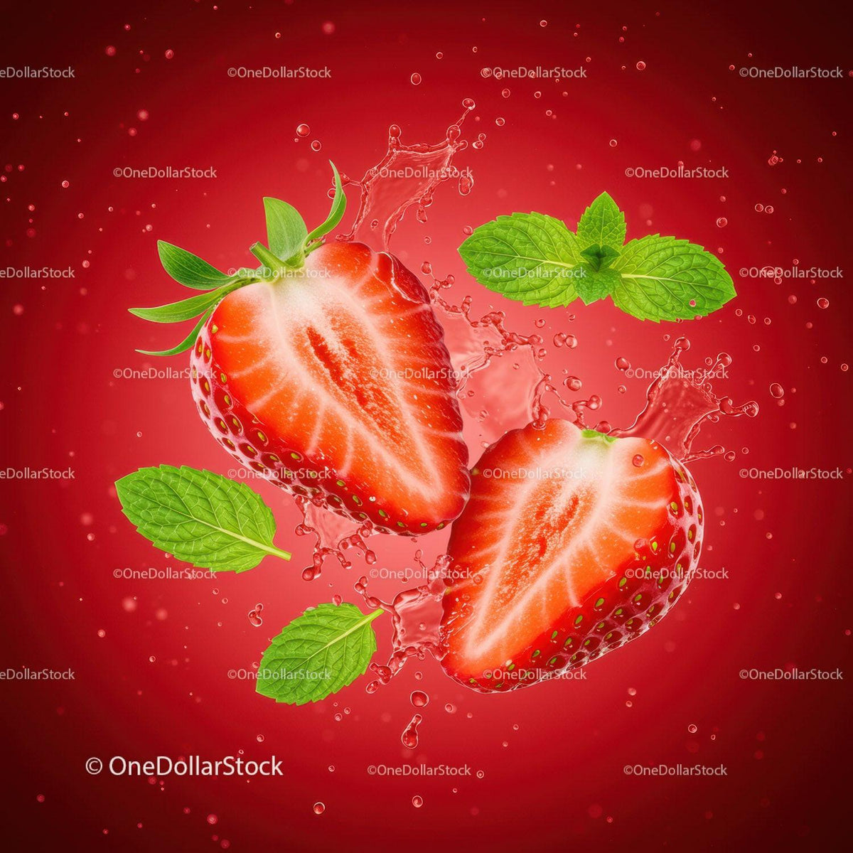 Fresh Strawberry Halves with Mint Leaves and Water Splash