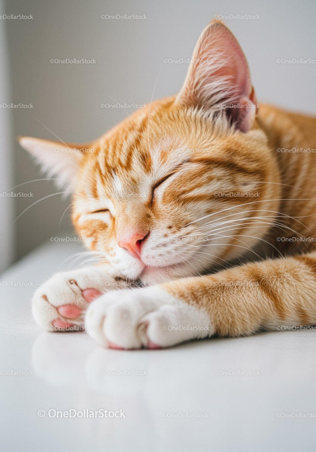Peaceful ginger cat sleeping on white surface