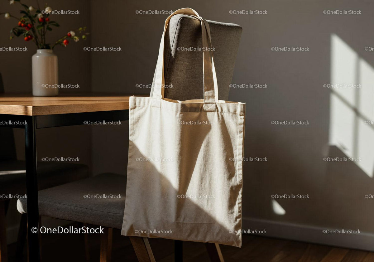 Natural canvas tote bag hanging on chair in cozy room JPG Mockup Image preview