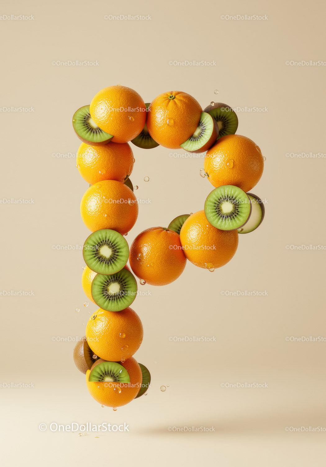 Letter P composed of fresh oranges and kiwi slices