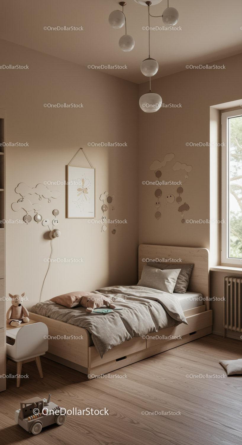 Cute Children's Bedroom with Wooden Bed and Cloud Wall Decor