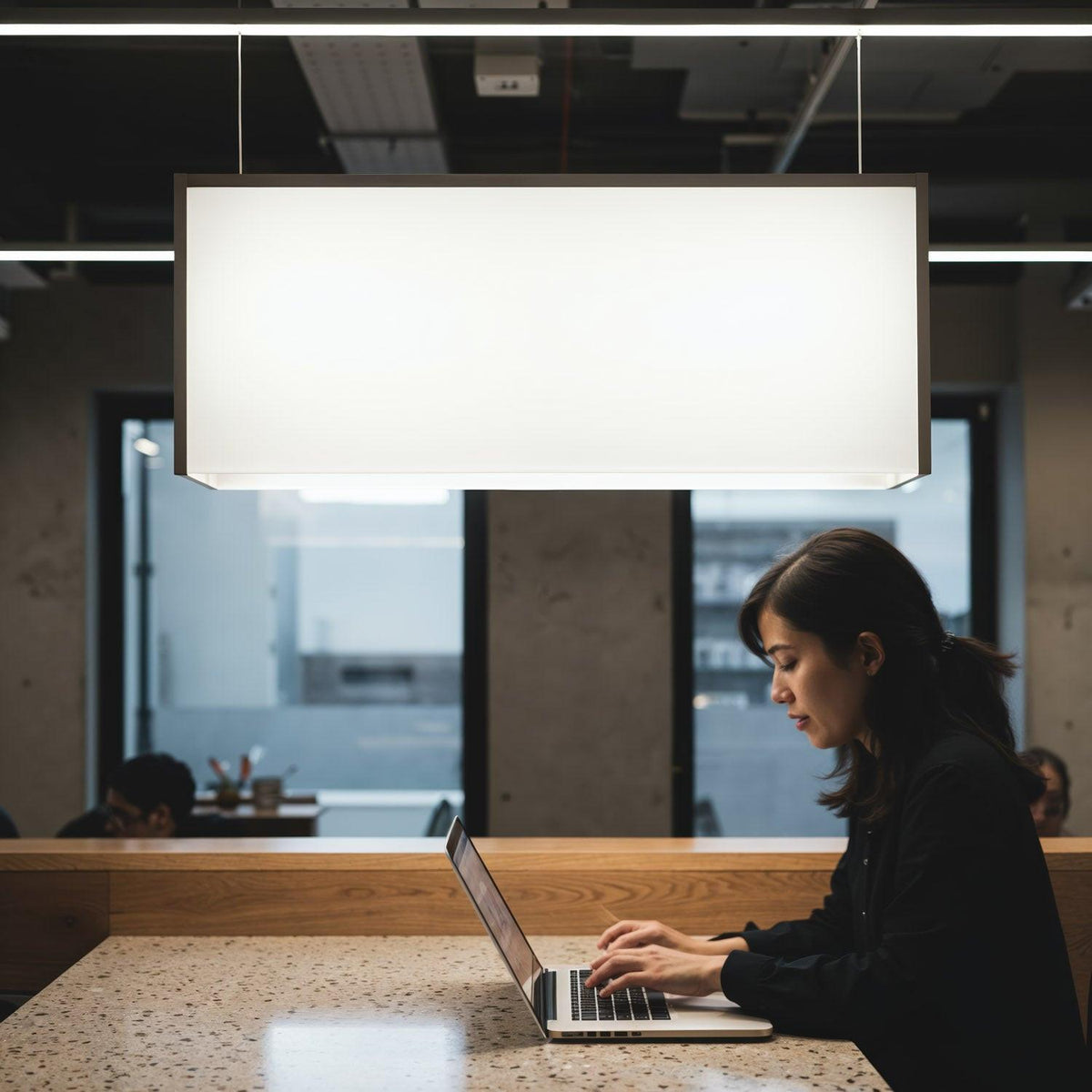 Focused woman working on laptop in modern coworking space JPG Mockup Image preview