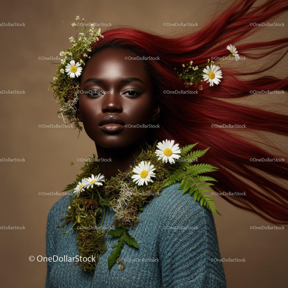 Elegant Portrait of a Woman with Flowing Red Hair and Botanical Accessories Stock Photo Bundle preview