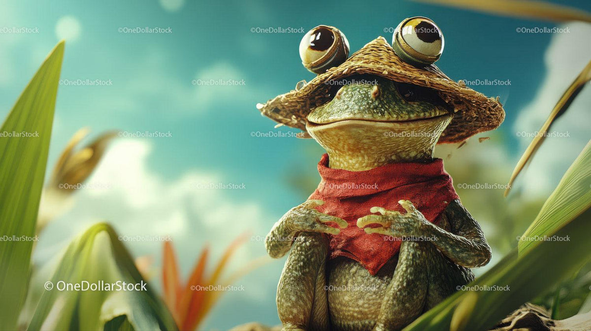 Frog wearing straw hat and red scarf sitting among green leaves with blue sky background