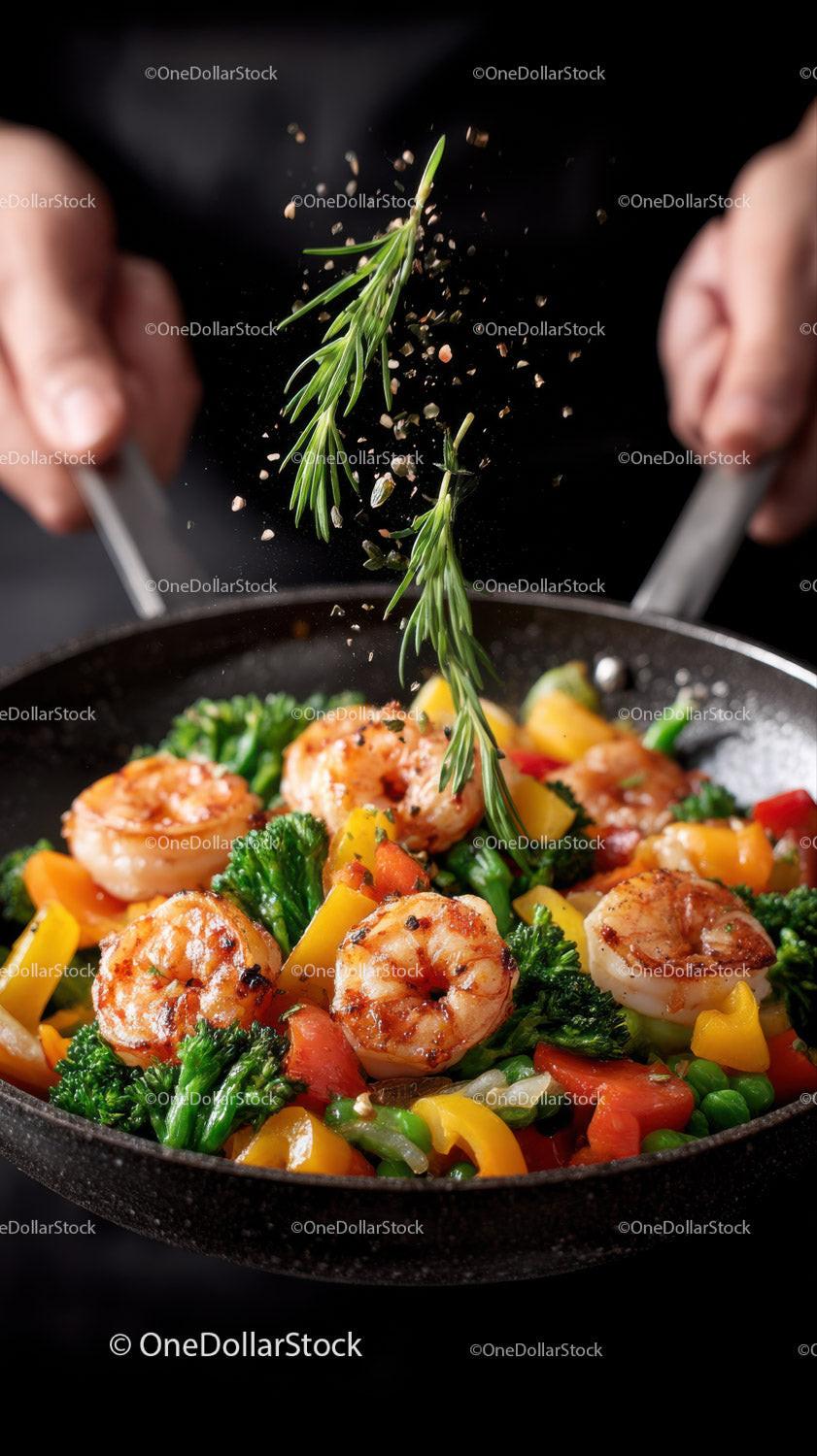 Fresh Rosemary Sprigs Add Flavor to Colorful Shrimp and Vegetable Stir-Fry