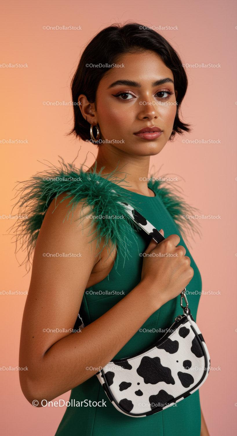 Stylish Woman in Green Dress with Cow Print Bag and Silver Earrings