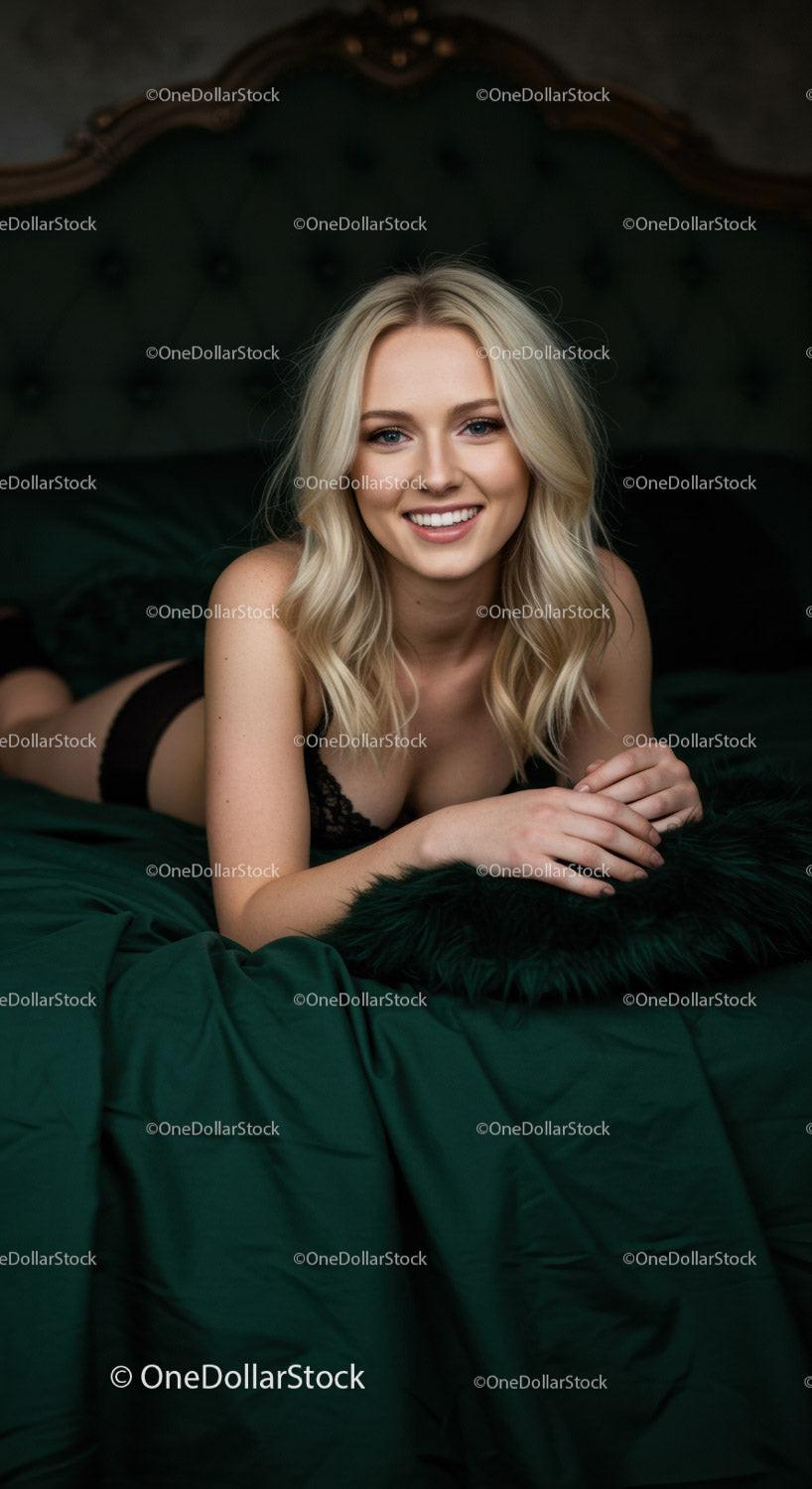 Smiling blonde woman relaxing on dark green bed
