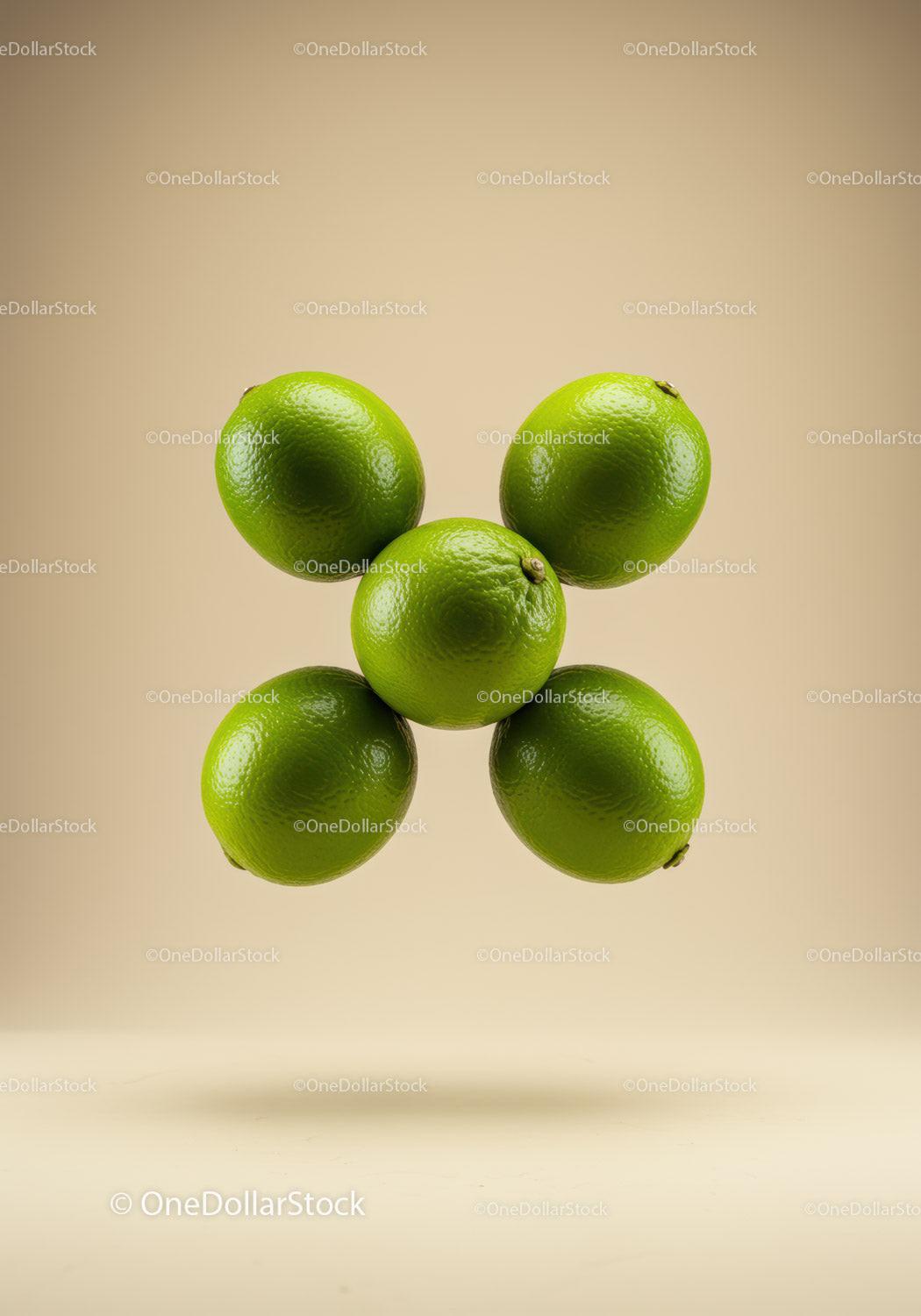 Fresh green limes levitating in soft beige background